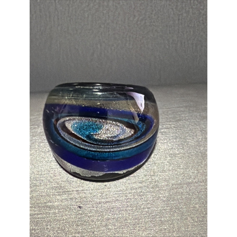Dichroic Art Glass Statement Ring Blue Silver Size 7 Chunky Modernist